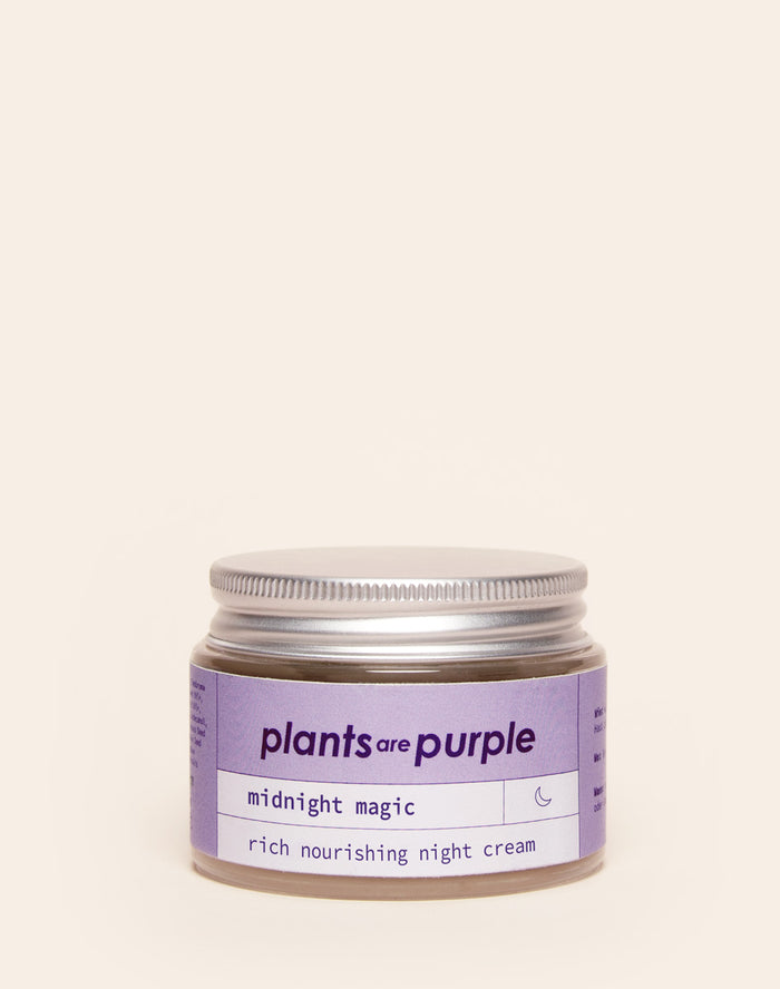 A jar of 'plants are purple' nourishing night cream with a purple label.