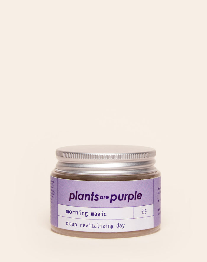A jar labeled 'Plants are Purple, Morning Magic, Deep Revitalizing Day.'