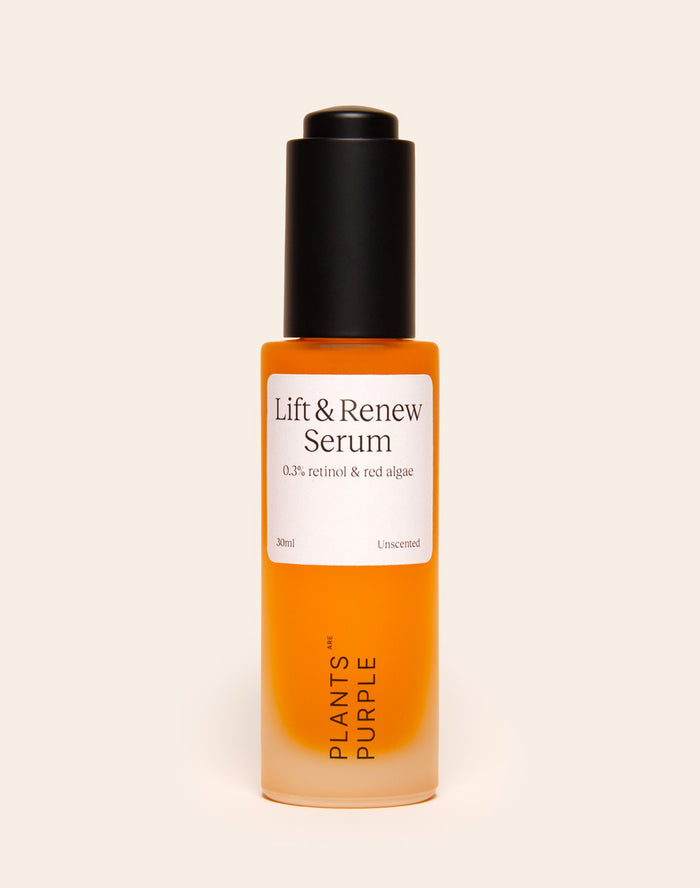Bottle of Lift & Renew Serum with retinol and red algae.
